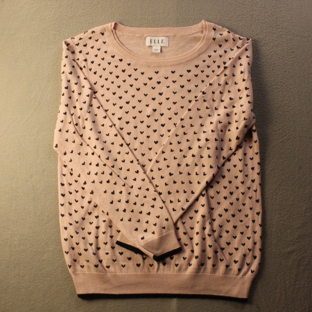 ELLE‎ Womens Pink Heart Print Sweater L Crew Neck Knit Soft Cozy Valentine Cute